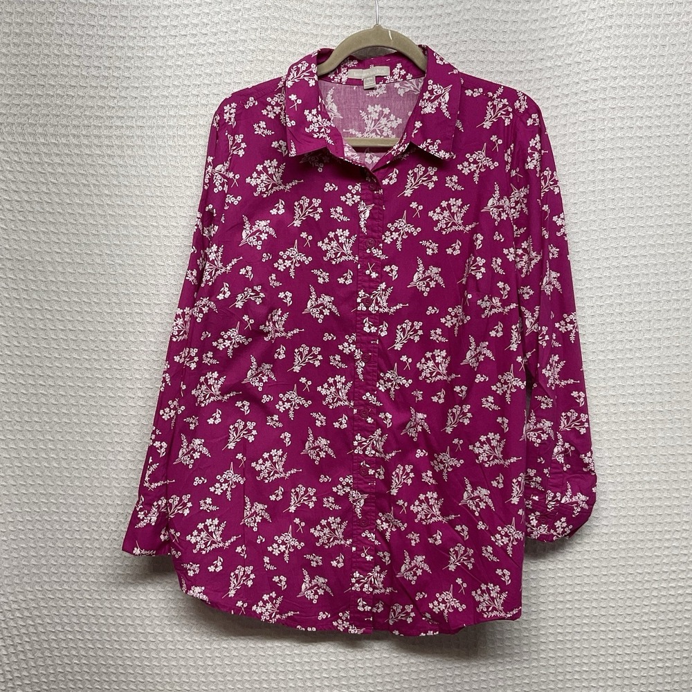 Woman Within Pink White Floral Long Sleeve Button Down Shirt Plus Size 18/20 L